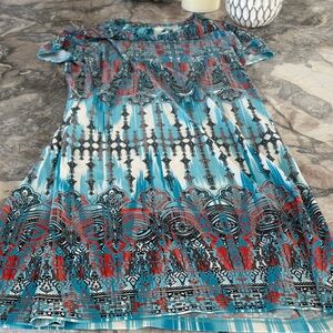 London Times Teal, Coral & White Boho Short Sleeve Tunic